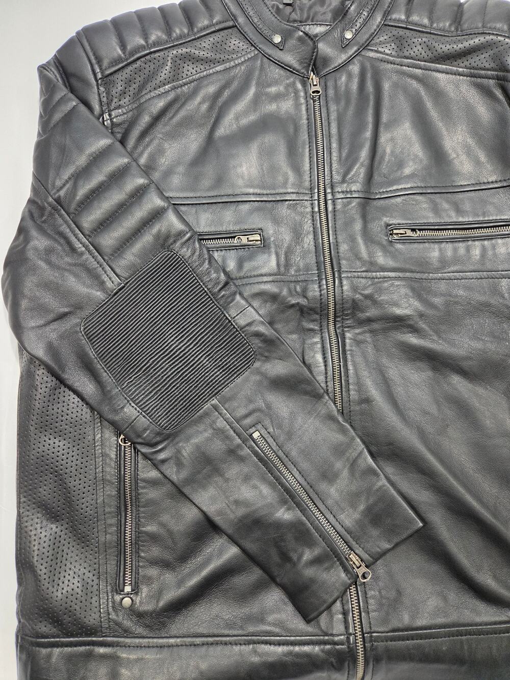 Black Perforated Real Leather Cafe Racer Motorcycle Jacket Men XL NWT